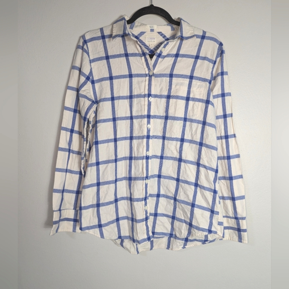 S J. Crew Blue White‎ Plaid Boy Fit Button Front Top